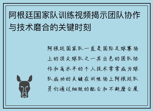 阿根廷国家队训练视频揭示团队协作与技术磨合的关键时刻