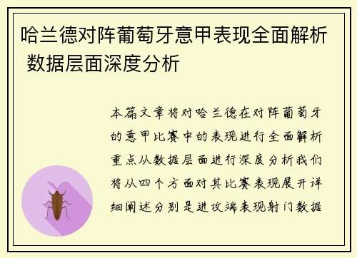 哈兰德对阵葡萄牙意甲表现全面解析 数据层面深度分析