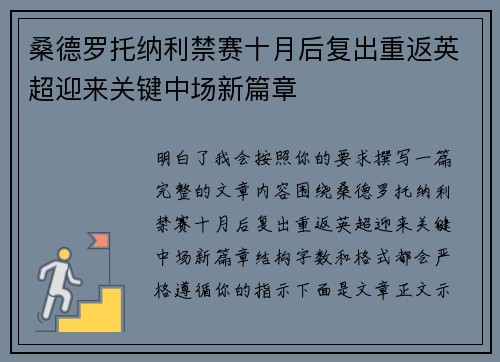 桑德罗托纳利禁赛十月后复出重返英超迎来关键中场新篇章
